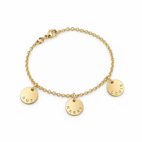 Namnarmband i guld med rund graverad bricka, personligt armband med namn eller egen text"