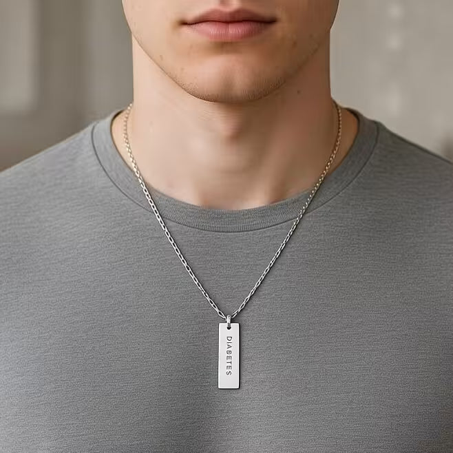 stilrent diabeteshalsband i äkta silver med telefonnummer och instruktioner