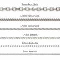 Guide till silverkedjor för namnhalsband: boxlänk, pansarlänk, ärtlänk, kulkedja och Venezia i olika tjocklekar.