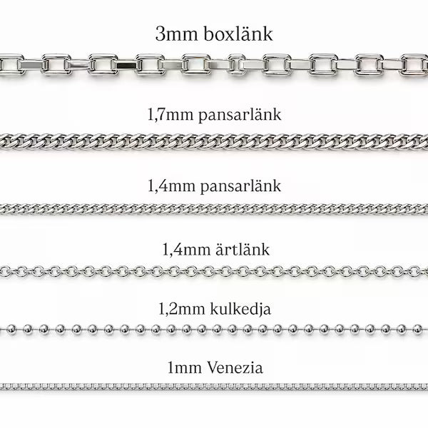 Guide till silverkedjor för namnhalsband: boxlänk, pansarlänk, ärtlänk, kulkedja och Venezia i olika tjocklekar.