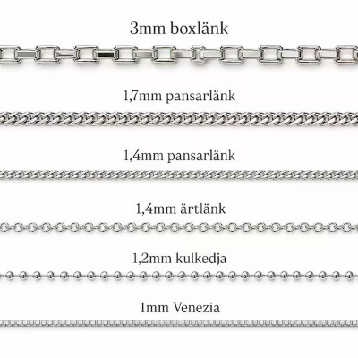 Guide till silverkedjor för namnhalsband: boxlänk, pansarlänk, ärtlänk, kulkedja och Venezia i olika tjocklekar.