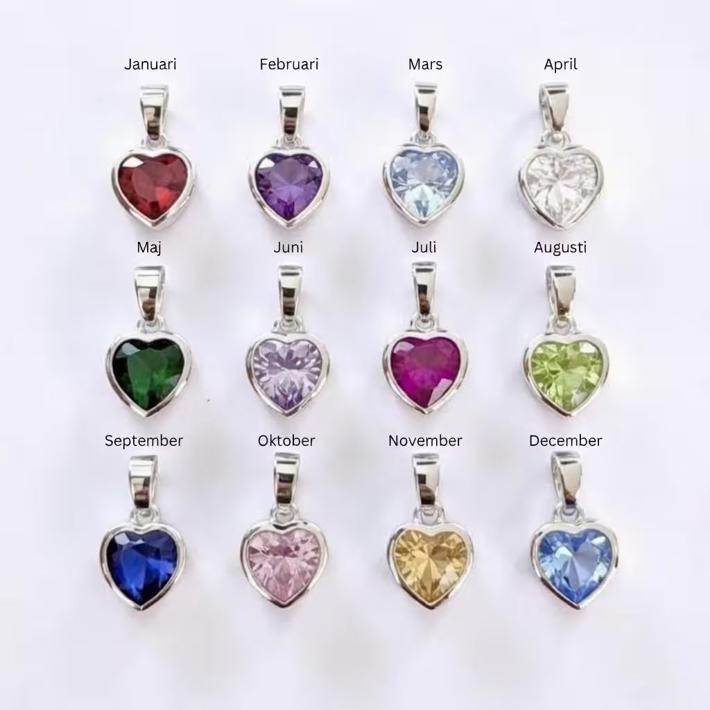 Vilken är din månadssten? Hjärtformade månadsstenar i äkta silver- en för varje månad.
